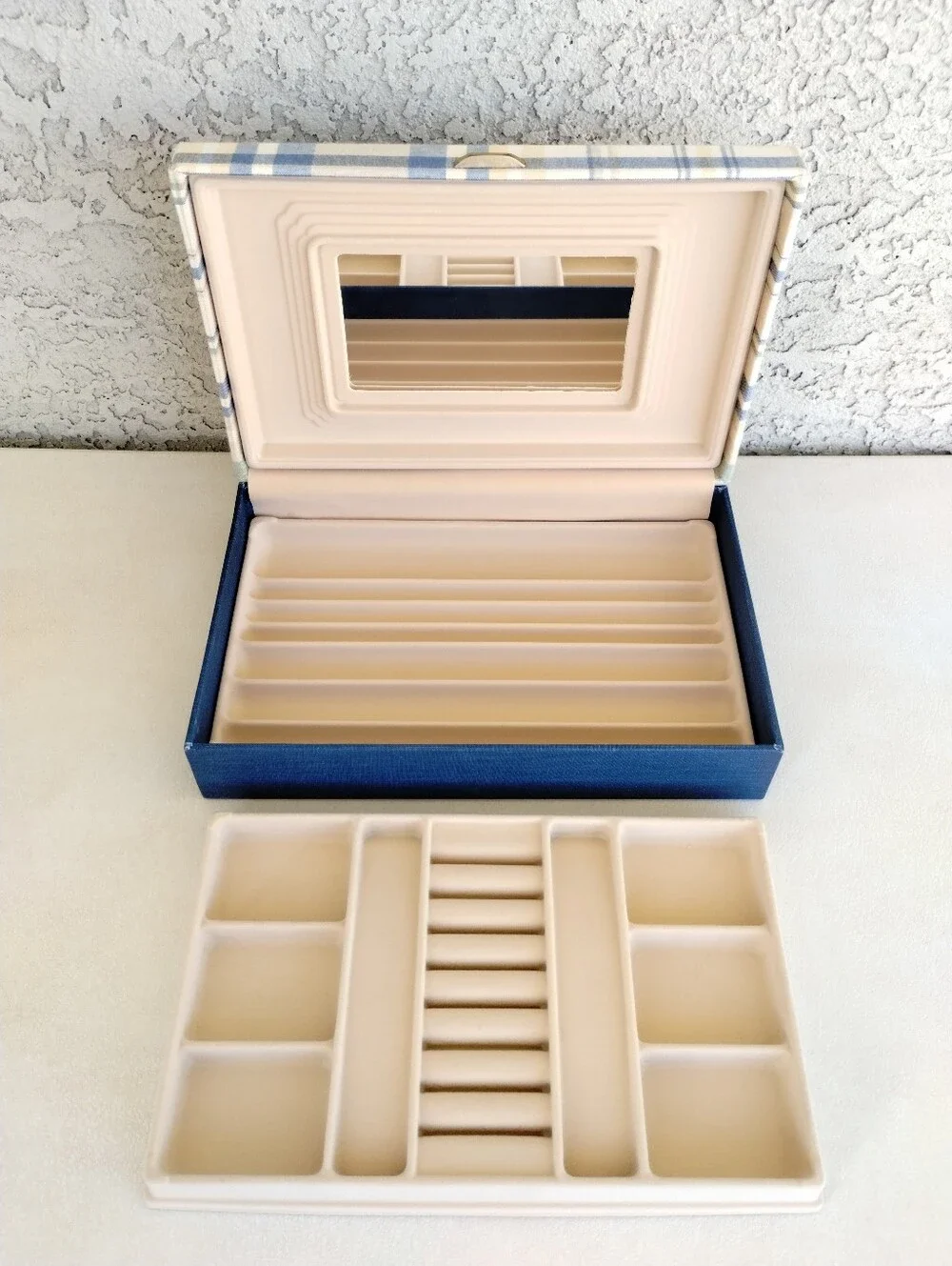 Vtg MCM 1970s Plaid Jewelry Box Set - Travel Vanity Trunk & Clamshell Case